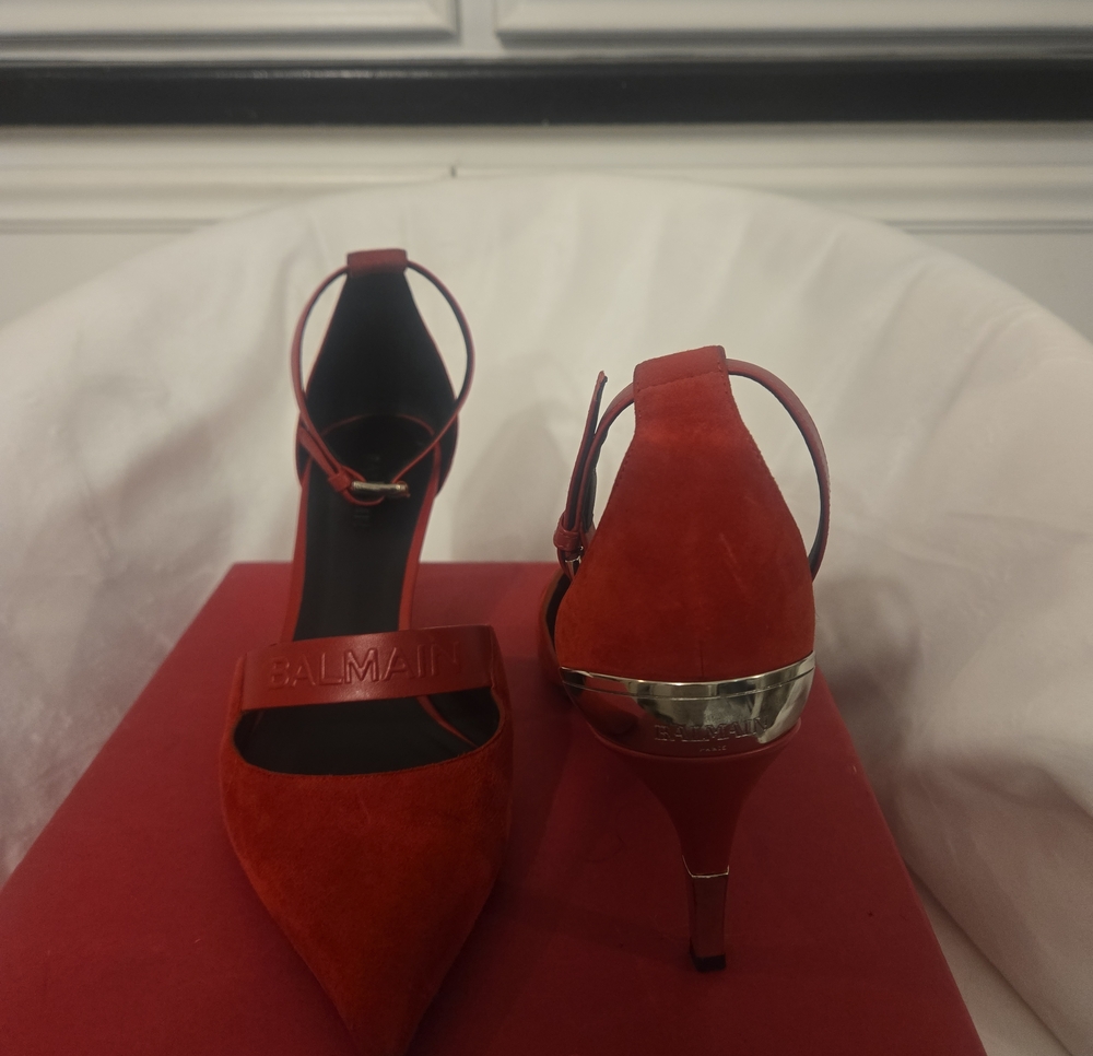 Balmain Red Suede Pointed Toe Ankle-Strap Heels with Metallic Accent